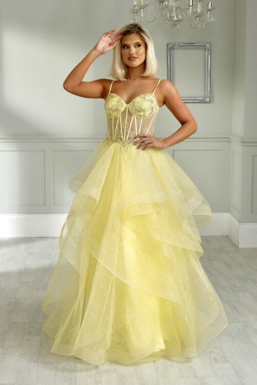 yellow ruffle ballgown with mesh embellished corset