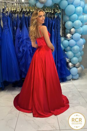 Red Satin a-line gown with embellished bust