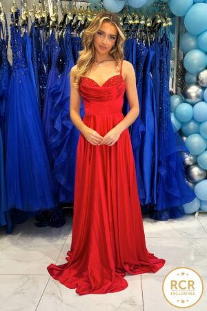 Satin red A-line gown with embellished bust