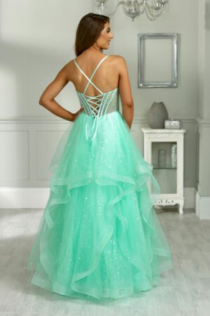 mint ruffle ballgown with mesh embellished corset