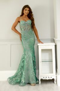mint corset mermaid prom and evening dress with glitter detailing