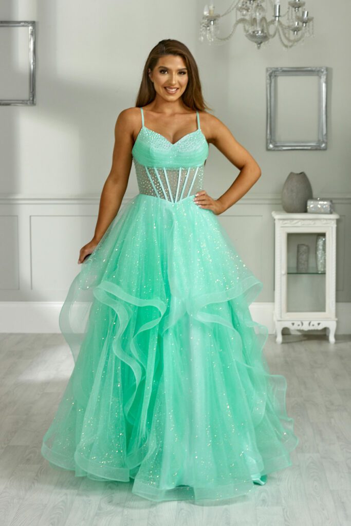 mint ruffle ballgown with mesh embellished corset