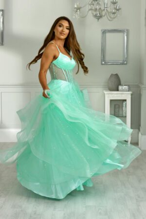 mint ruffle ballgown with mesh embellished corset