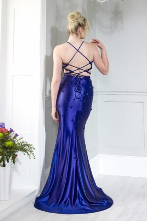 Navy satin prom dress with a corset bust