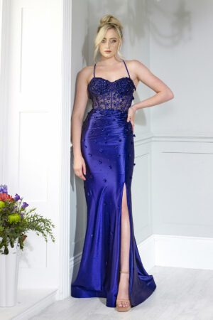 Navy satin prom dress with a corset bust