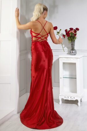 Red satin prom dress with a corset bust