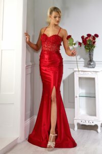 Red satin prom dress with a corset bust