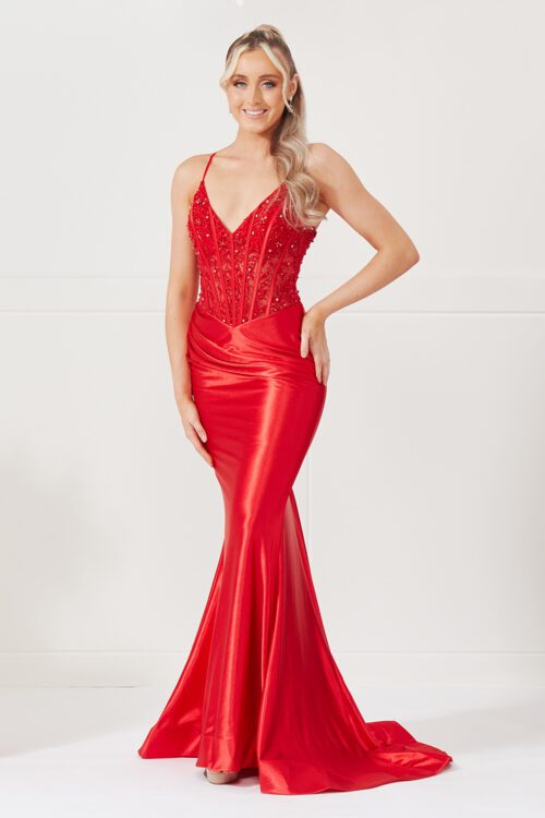Red satin prom dress with corset bust
