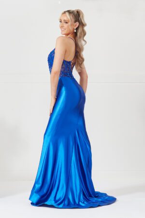 Royal blue satin prom dress with a corset bust