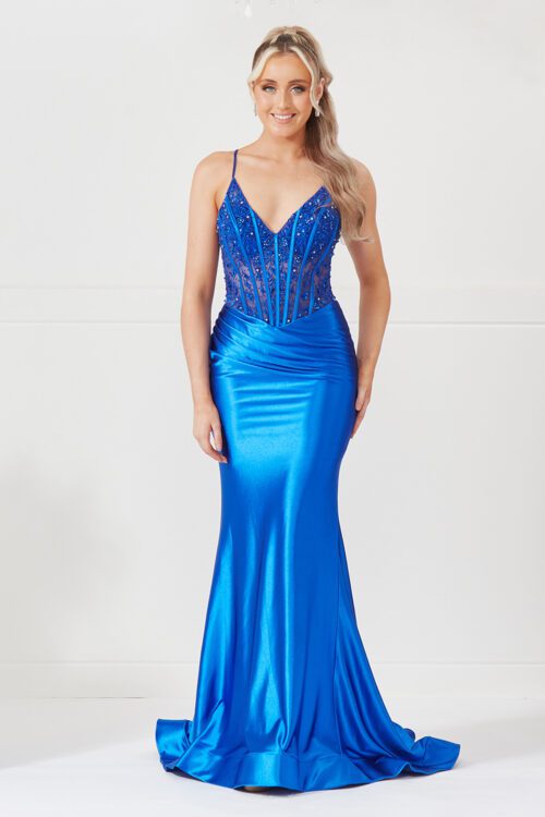 Royal blue satin prom dress with a corset bust
