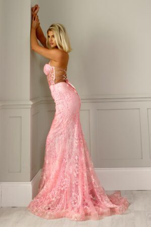 pink corset mermaid prom and evening dress with glitter detailing