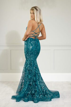 teal corset mermaid prom and evening dress with glitter detailing