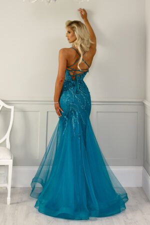 Teal embroidered fishtail prom dress