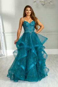 teal ruffle ballgown with mesh embellished corset