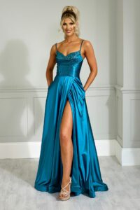 teal satin aline prom dress with embellished corset