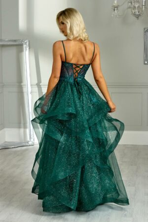 Teal green ruffle ballgown with a mesh panel corset