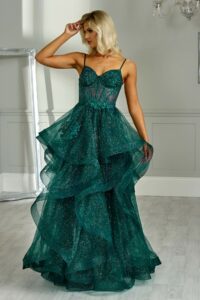 Teal green ruffle ballgown with a mesh panel corset