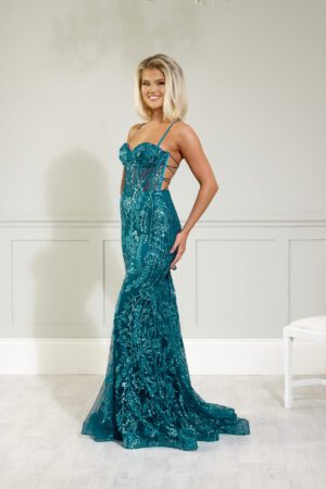teal corset mermaid prom and evening dress with glitter detailing
