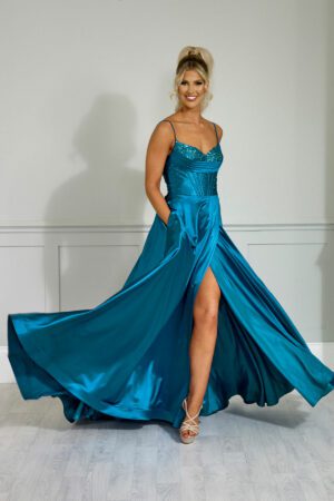 teal satin aline prom dress with embellished corset