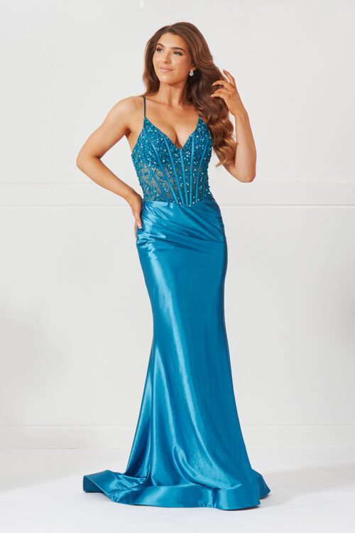Teal satin prom dress with a corset bust