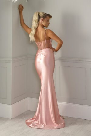 satin prom and evening dress with a stunning embellished bust and corset detailing with a leg split