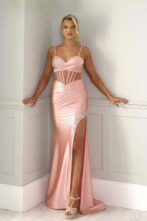 satin prom and evening dress with a stunning embellished bust and corset detailing with a leg split