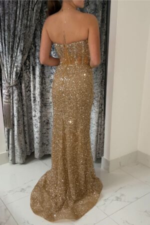 gold embellished slinky couture gown