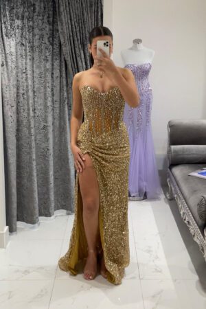 gold embellished slinky couture gown