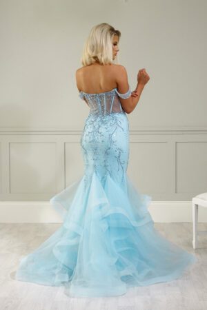 off the shoulder ice blue fishtail dress