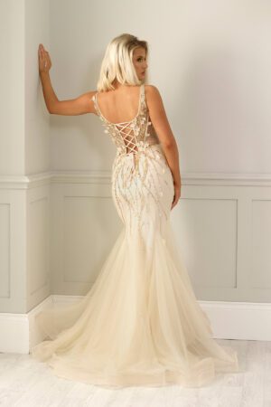 A slinky fishtail prom dress with a floral embellished mesh corset bust and corset back.