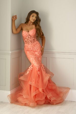 coral fishtail dress with lace up back