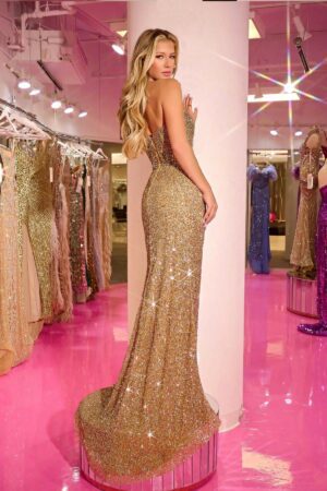 gold embellished slinky couture gown