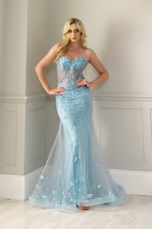 A slinky fishtail prom dress with a floral embellished mesh corset bust and lace-up back.