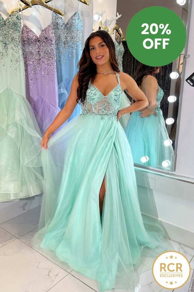Mint embroidered corset prom and evening dress with open back