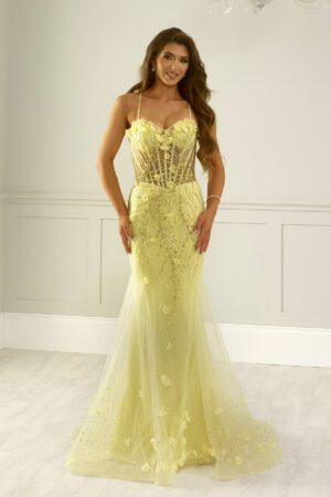 A slinky fishtail prom dress with a floral embellished mesh corset bust and lace-up back.