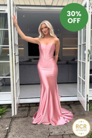 a blush slinky strapless satin gown with detachable bow