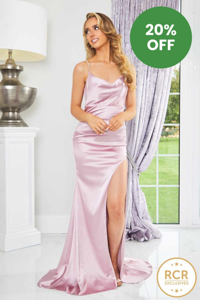 blush satin prom and evening dress with a leg slit and embellished straps