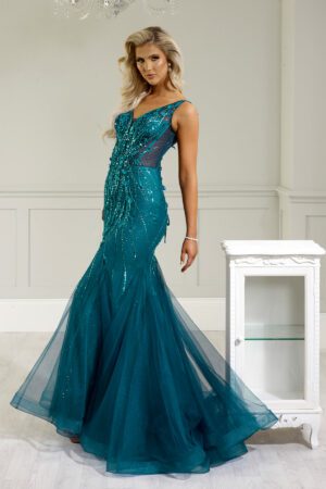 A slinky fishtail prom dress with a floral embellished mesh corset bust and corset back.