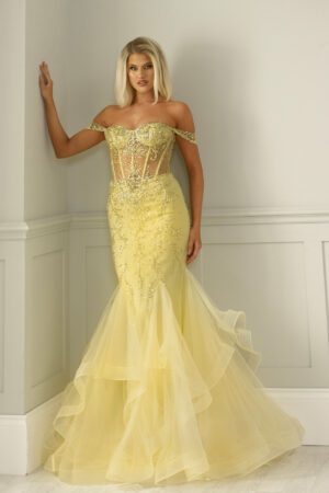 off the shoulder yellow fishtail dress