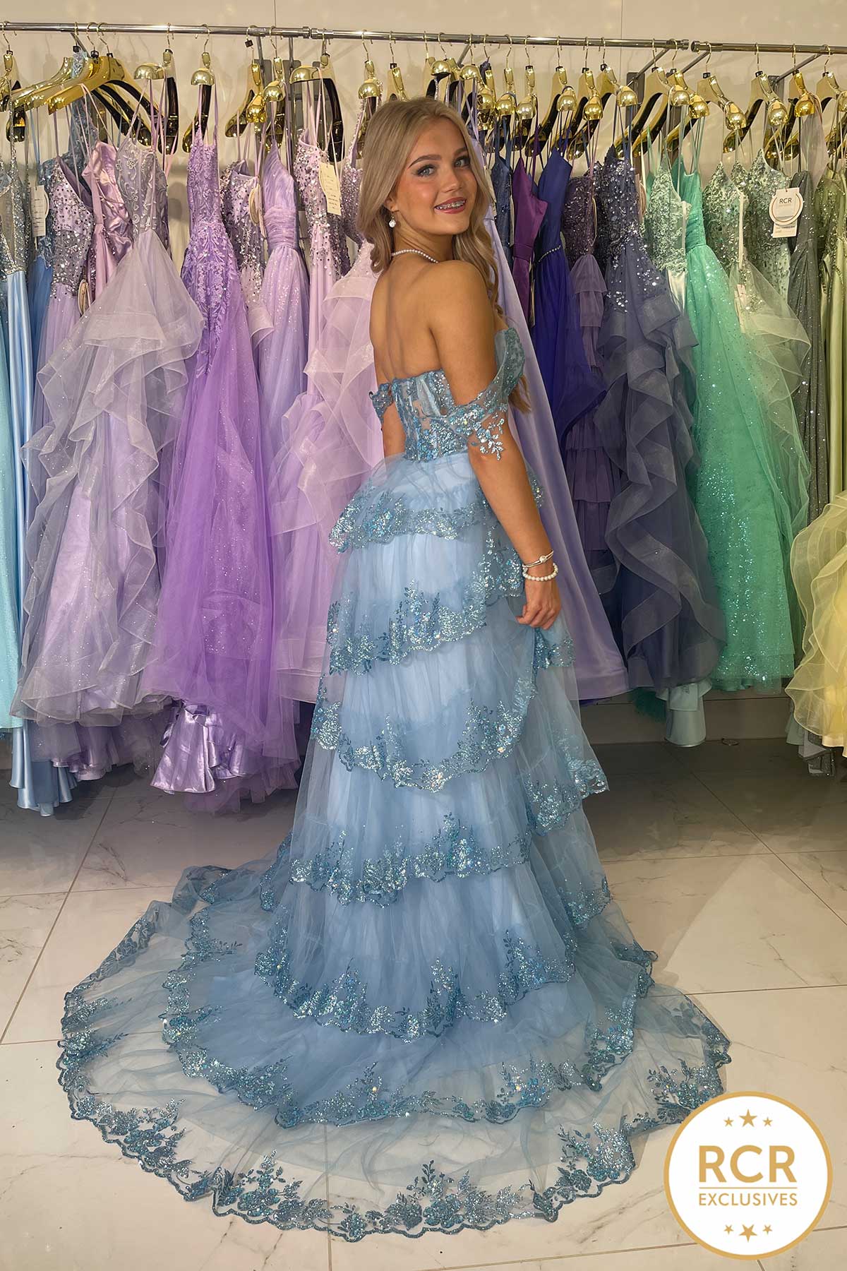 Baby Blue off the shoulder prom dress | Red Carpet Ready