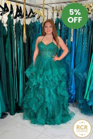 Emerald corset bust ruffle ballgown prom dress