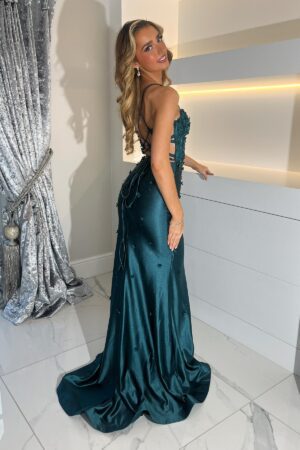 teal satin prom dress with a corset bust