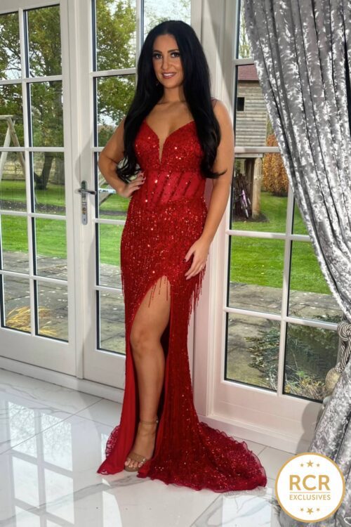 Red couture gown, with full embellishment