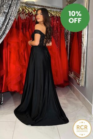 An off the shoulder satin prom & evening dress with an embroidered corset bodice and deep leg split.