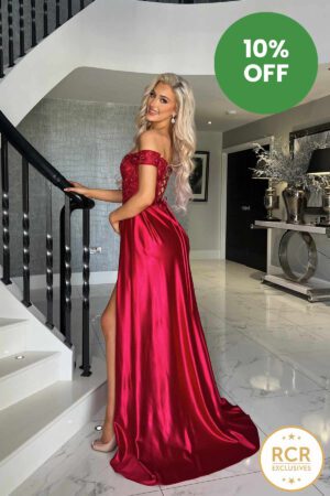 An off the shoulder satin prom & evening dress with an embroidered corset bodice and deep leg split.