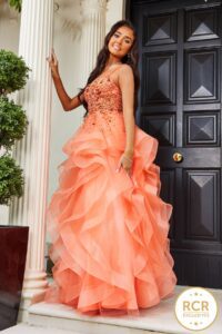 Tiered ruffled princess ballgown with handbeaded bodice