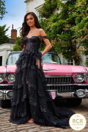 Black layered ruffle ballgown