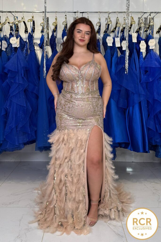 Champagne feather prom dress