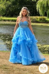 baby blue ruffle prom dress