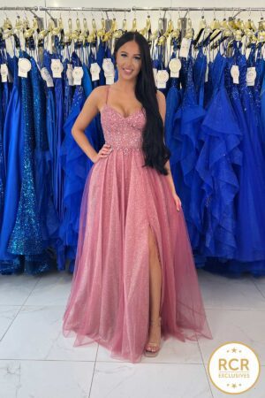 dusky rose embelished prom dress
